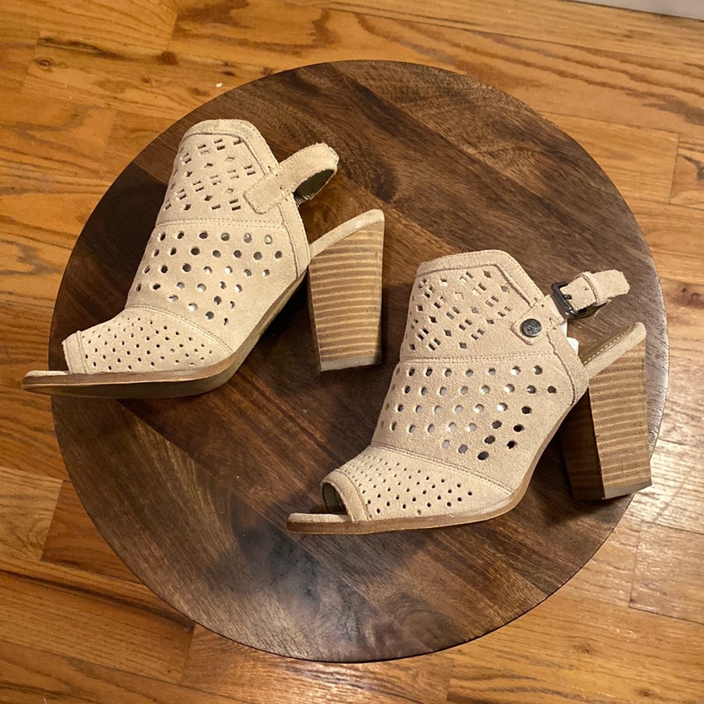$10 CLEARANCE - Marc Fisher 6.5 Perforated Suede Stacked Heel Open-Toe Booties - Picture 1 of 8